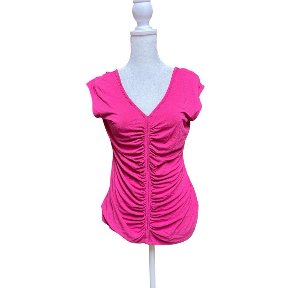 WHBM Pink Ruched V Neck Top Size M Stretch Rayon Spandex Fitted Blouse
